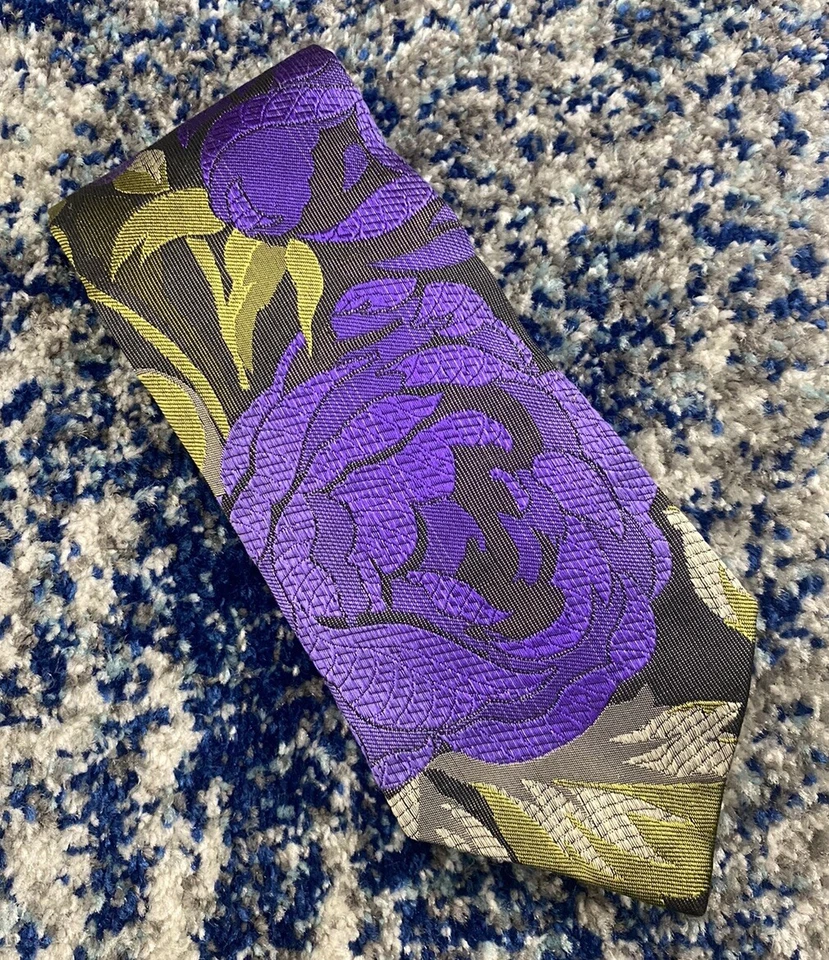 Corbata Ralph Lauren Etiqueta Púrpura Champagne Verde Beige Floral Lino Seda Foto 1 de 4