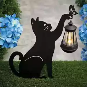 Adorable Kitty Cat Metal Shadow Silhouette Garden Stake w/ Solar LED Lantern - Picture 1 of 1