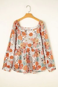 Khaki floral plus size peplum blouse - Picture 1 of 15