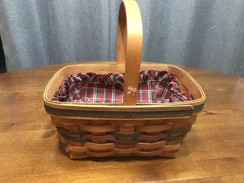 Longaberger 1991 Market Basket w/ Stationary Handle Signed Red  Plaid Liner Cover