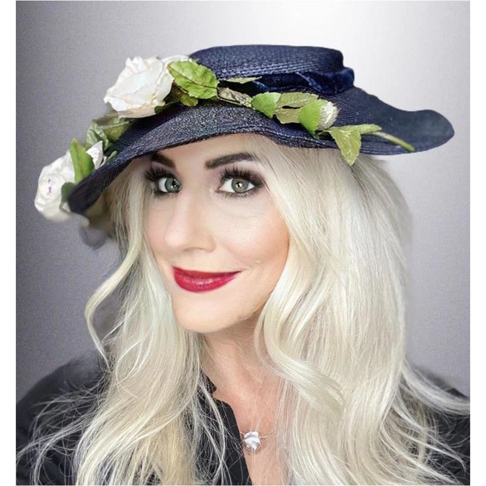 vtg RETRO 50s Womens Saucer Hat Wide Brim Church Dark Navy Straw Flowers O/S - Image 1 of 4