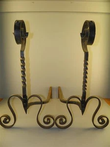 Antique Pr. Arts &Crafts Rustic Wrought Iron Hand Forged Fireplace Andirons 25'' - Picture 1 of 12