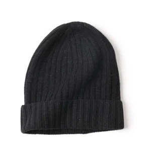 100% Pure Cashmere Ribbed Knitted Beanie Hat Soft Warm Unisex Black - Picture 1 of 6
