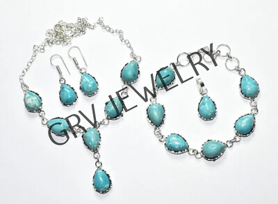 Simulated Larimar Gemstone Ethnic Necklace Bracelet Earring Pendant Set ST-01 Foto 1 de 2