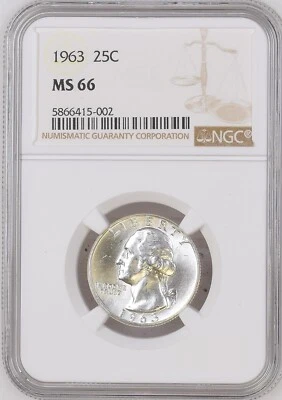 1963 25C Washington Quarter Dollar NGC MS66  5866415-002 - Image 1 of 2