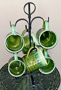 6 Pottery Drip Glaze Patterned Cups Turquoise Aqua Green, Mug Tree Vtg MCM Japan - Picture 1 of 10