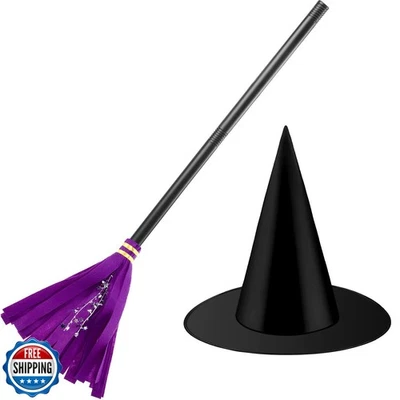 Skylety Bruja Escoba Sombrero Halloween Bruja Disfraz para Niños Mago Escoba Bl Foto 1 de 4
