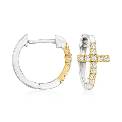 Ross-Simons Diamond Cross Huggie Hoop Earrings in Silver & 14k Gold 3/8 inches - Image 1 of 3