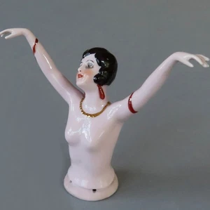 Antique German HP Porcelain 4" FLAPPER LADY Nude HALF DOLL Arms Raised * Marked - Picture 1 of 7