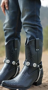 Herren Stiefel Biker Metallkette Schwarz Kunstleder 2 Riemen Texas Lone Star Charms - Bild 1 von 24