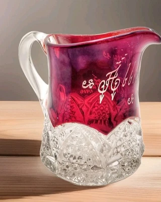 ANTIQUE 1904 Ruby Stained Souvenir EAPG Creamer Pitcher | Elkhorn Fair Wisconsin - Image 1 of 4
