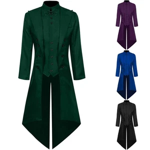 Mens Gothic Tailcoat For Cosplay Events Long Sleeve Polyester Lapel Solid Color - Picture 1 of 27