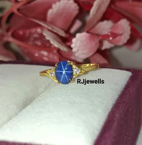 14K Yellow Gold Oval Blue Star Sapphire Ring Lab Create Lindy Star Women's Ring - Picture 1 of 5