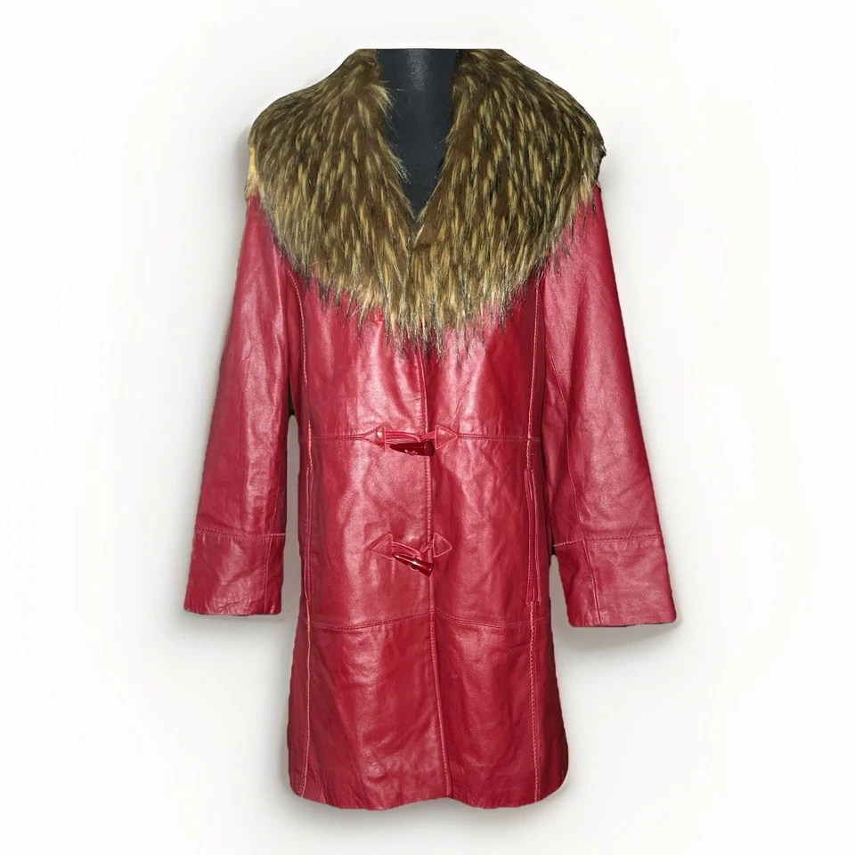 Abrigo Terry Lewis Clásico Lujo Cuero Rojo Piel Sintética Cuello Cierre Palanca Vintage Foto 1 de 4