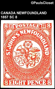 CANADA NEWFOUNDLAND 1857 SC 8 ST JOHN'S 8p SCARLET VERMILLION MHR VF - Picture 1 of 2