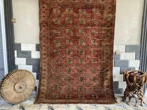 VINTAGE RUG HAND-KNOTTED Afghan BUKHARA handmade wool RED antique farmhouse rug - Picture 1 of 20