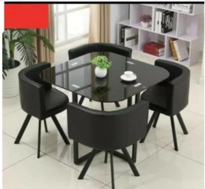 NEW MODERN space saver black square Glass Dining Table & 4 Chairs Set - Picture 1 of 6