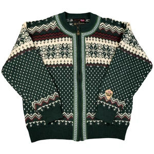 Vintage Norway Sweater Medium Green Zip Cardigan Jacket Fair Isle Norwegian Wool - Picture 1 of 12