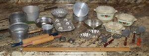 Vintage Lot of Aluminum Children's Kitchen Bakeware Pots Pans Utensils
