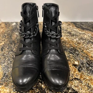 Karl Lagerfeld Paris Suki Chain-Trim Leather Combat Boots Size 7.5M - Picture 1 of 13