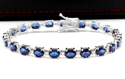 Brazalete de oro blanco macizo de 14 quilates con zafiro azul natural y diamantes de 16,24 quilates Foto 1 de 4
