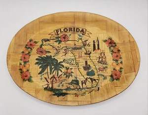 Bamboo Serving Tray Platter Souvenir Florida MCM Decor Landmarks 16" State Map - Picture 1 of 12