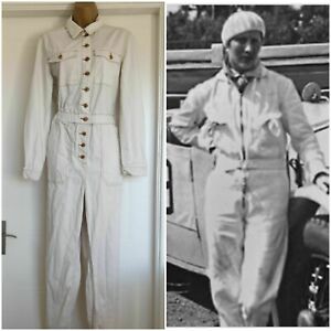 FABULOUS Vintage Style Racing Car Driver Off-white Overalls Goodwood Size 10 12