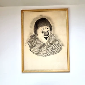 Vintage Clown Pencil Drawing Black & White Art Original Decor 12" x 16" - Picture 1 of 6