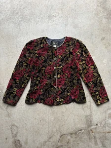 Vtg 90s R&K Evening Jacket Women's 12 Red Floral Velvet Button Front Made in USA - Picture 1 of 7