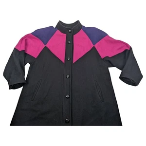 KOMITOR Vintage 80s Women’s 16W Coat Wool Color Block Button Up Long Overcoat - Picture 1 of 12