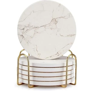6 Pack White Marble Coaster Set with Holder Absorbent Drink Coasters Ceramic ... - Picture 1 of 8