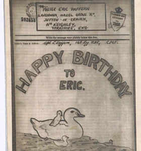 NORTH AFRICA/GB WW2 AIRGRAPH Hand-ILLLUSTRATED *DUCK* Birthday Keighley XK17 - Picture 1 of 10