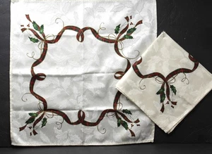 Set of 2 Lenox Cloth Napkins Holiday Nouveau Damask Plaid Ribbons & Holly 20x20 - Picture 1 of 4