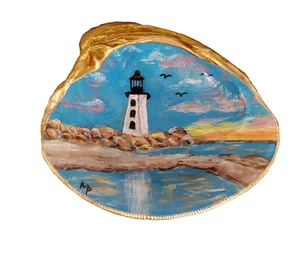 Handbemalter Leuchtturm und Muschelkunst Blattgoldbesatz - Bild 1 von 8