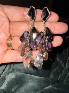 Genuine SWAROVSKI Purple Clear Grey Waterfall Droplet Dangle Clip On Earrings - Picture 1 of 15
