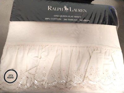 Ralph Lauren Bromley Eyelet Ruffled Queen Flat Sheet Cotton 4" Ruffle 1994 - Image 1 of 4
