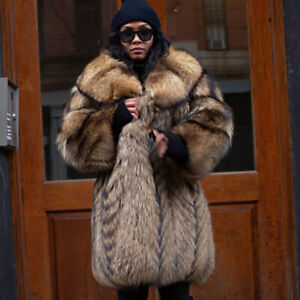 Women Real Raccoon Fur Coat Natural Fluffy Fur Long Jacket Winter Lapel Overcoat
