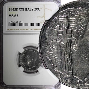 Italy Vittorio Emanuele III 1943 20 Centesimi WWII Issue NGC MS65  KM# 75b (1) - Picture 1 of 5