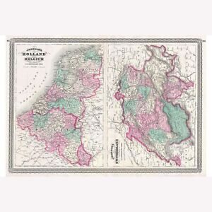 Holland, Belgium, and Switzerland; 1870 Johnson Map; 1st Quality Antique Replica