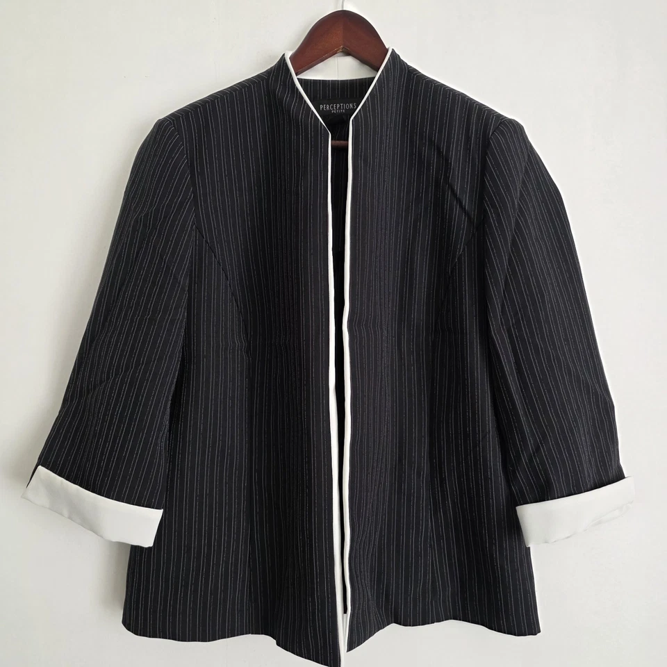 Chaqueta y pantalón traje vintage Perceptions para mujer 14P 2 piezas rayas negras alfiler Foto 1 de 4