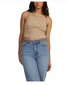 RVCA Women’s Haru Slide Graphic Tank Top Tan Ribbed Stretch Cropped NEW Sz Large - Picture 1 of 13
