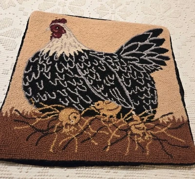 Funda de almohada con lazo enganchado aspecto de arte popular para gallinas y pollitos 100 % lana cordón con cremallera 18”X18 Foto 1 de 4