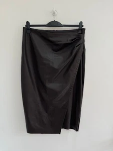 Topshop Midi Skirt Brown Faux Leather Wrap Wrapover Ruched Side UK 16 - Picture 1 of 9