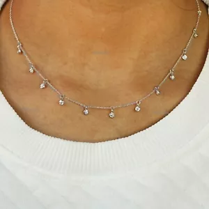 2mm 0.38ct Natural Diamond Drop Station Chain Necklace in Solid 14k White Gold - Picture 1 of 6