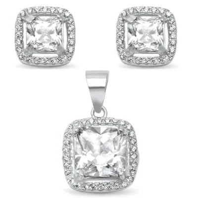 Square Cubic Zirconia Solitaire .925 Sterling Silver Earring and Pendant Set - Image 1 of 2