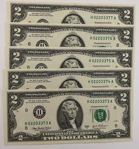 2003A $2 Dollar Bills Uncirculated 5 consecutive H serials - Picture 1 of 5