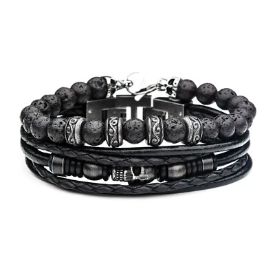 Conjunto de pulseiras masculinas INOX contas de lava e couro trançado preto caveira empilhável 8,5" - Imagem 1 de 2