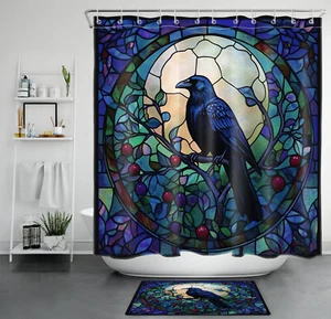 Retro Glass Spooky Black Halloween Crow Shower Curtain Bathroom Accessories Set - Picture 1 of 25