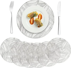 Set of 6 Round 15" Silver Leaves Placemats for Dinning Table,PVC Placemat - Picture 1 of 3