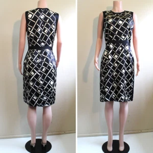 Retro 60s Mod Pencil Dress M 10 Silk Satin Sleeveless Black Cream Back Zip iCE - Picture 1 of 9